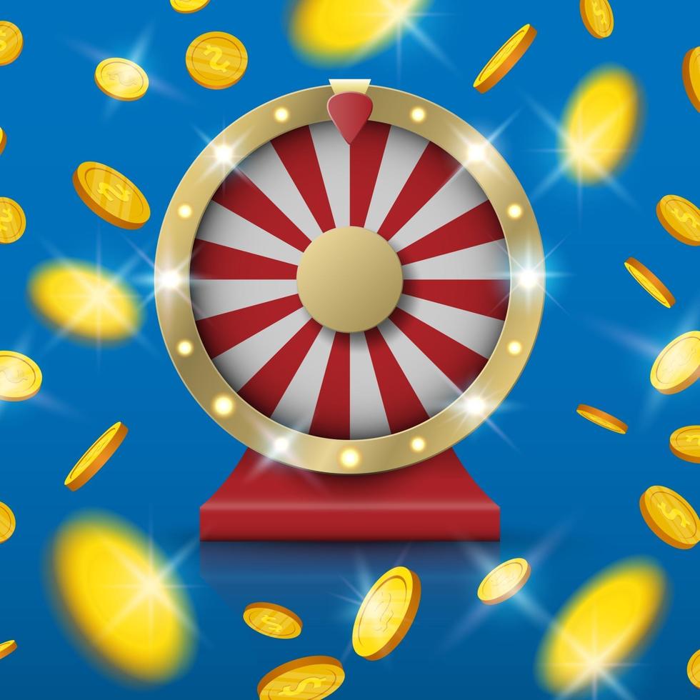 Jackpot spinning fortune wheel with Gold coins explosion from the center, vector illutration