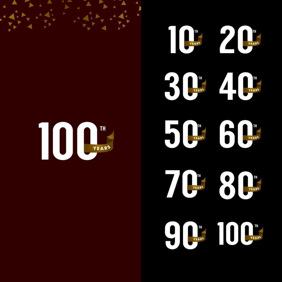 100 Years Anniversary Number With Gold Ribbon Set Celebration Vector Template Design Illustration