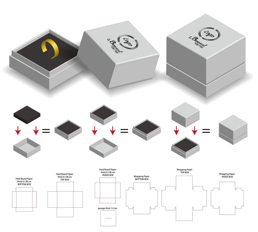 caja rígida para maqueta de producto de anillo con dieline vector