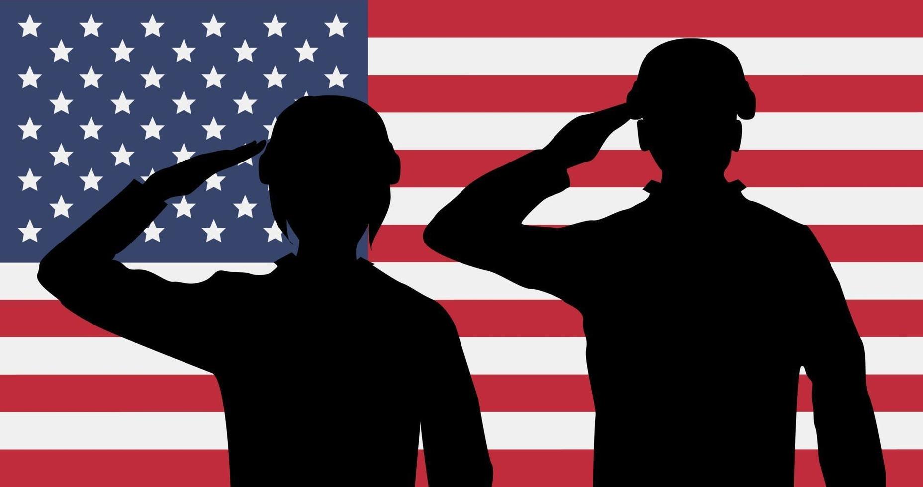 silhouette of american soldiers saluting usa flag vector