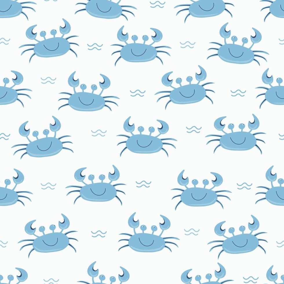 Seamless cute blue crab pattern, cartoon hand drawn animal doodles. Vector illustration background. Funny crabs with waves.