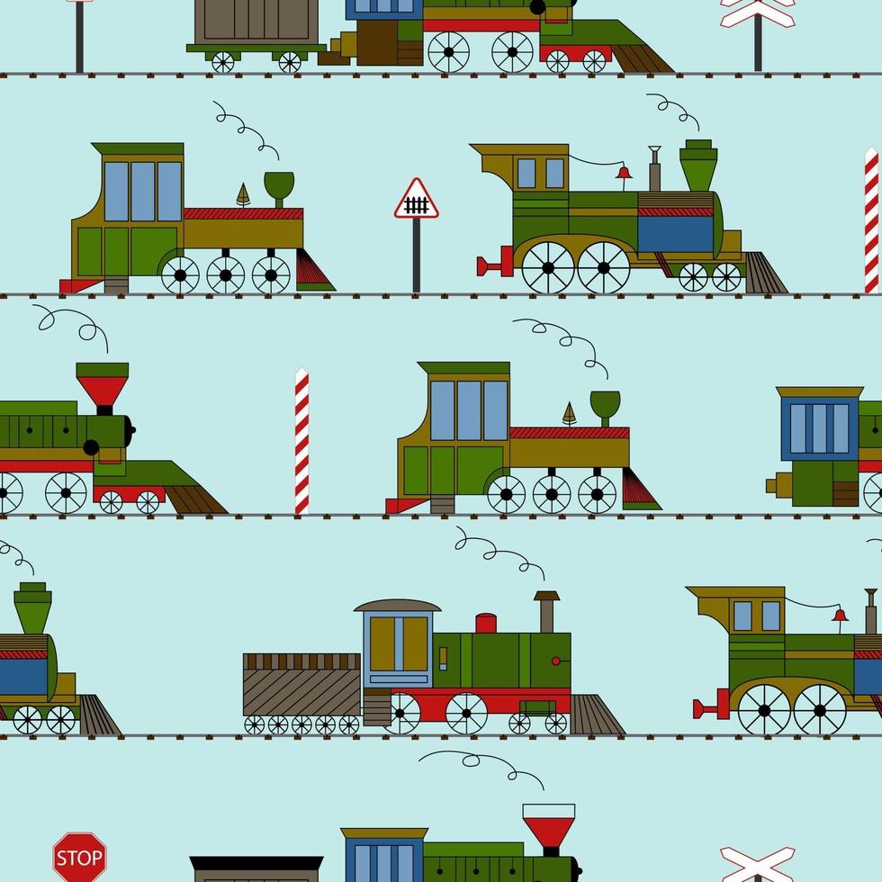 Seamless vector vintage funny train on a blue background.