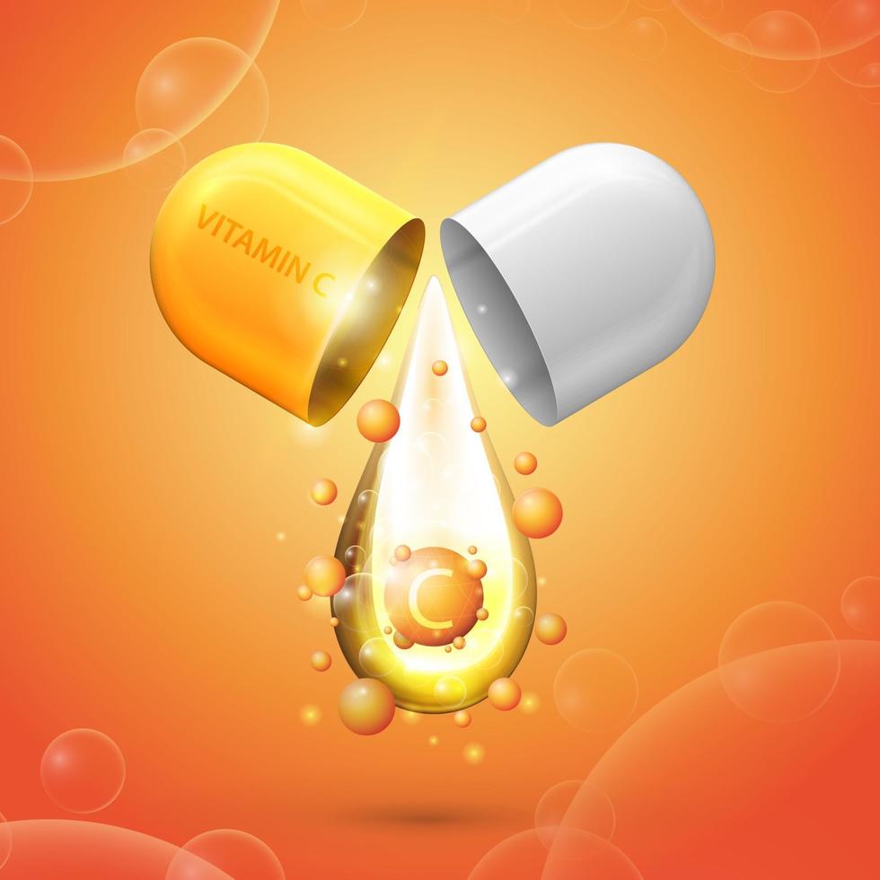 White and orange pill capsule with drop of vitamin C. Orange poster with abstract vitamin C vector