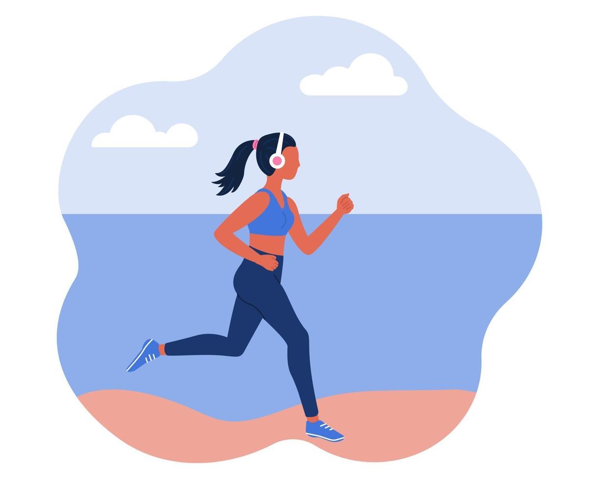 A girl wearing headphones runs along the beach. The concept of an active healthy lifestyle. Vector image in a flat cartoon style