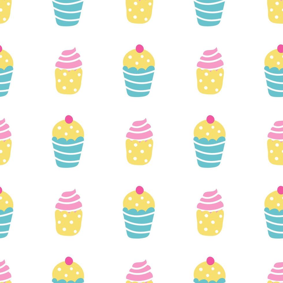 Cupcakes, muffins with cream and berries on a white background. Vector seamless pattern in a flat style