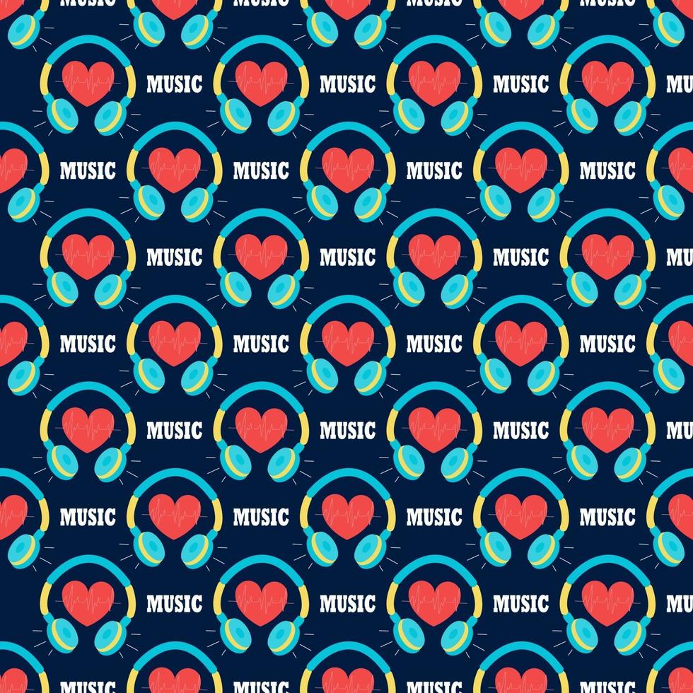 Headphones with a heart on a dark blue background. Music vector seamless pattern in flat style