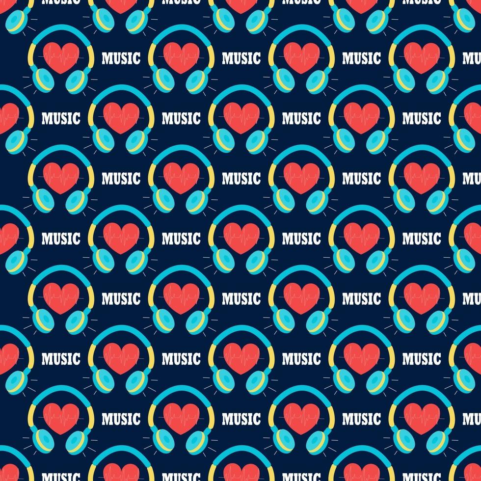 Headphones with a heart on a dark blue background. Music vector seamless pattern in flat style