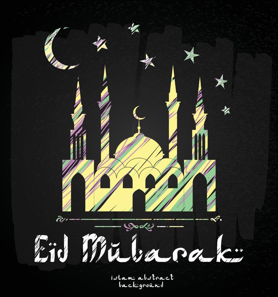 diseño de tarjetas de felicitación con silueta de mezquita y texto elegante eid mubarak. vector