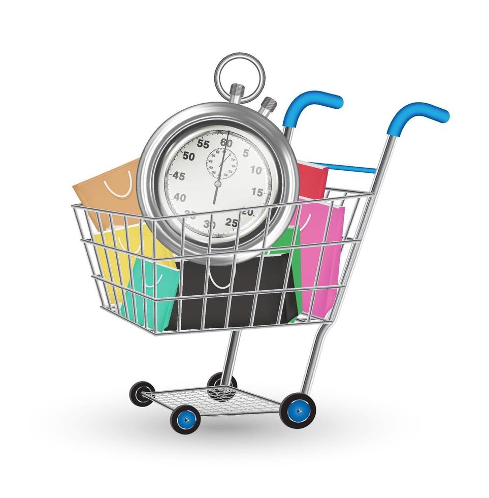 steel stopwatch and bags on a shopping cart vector