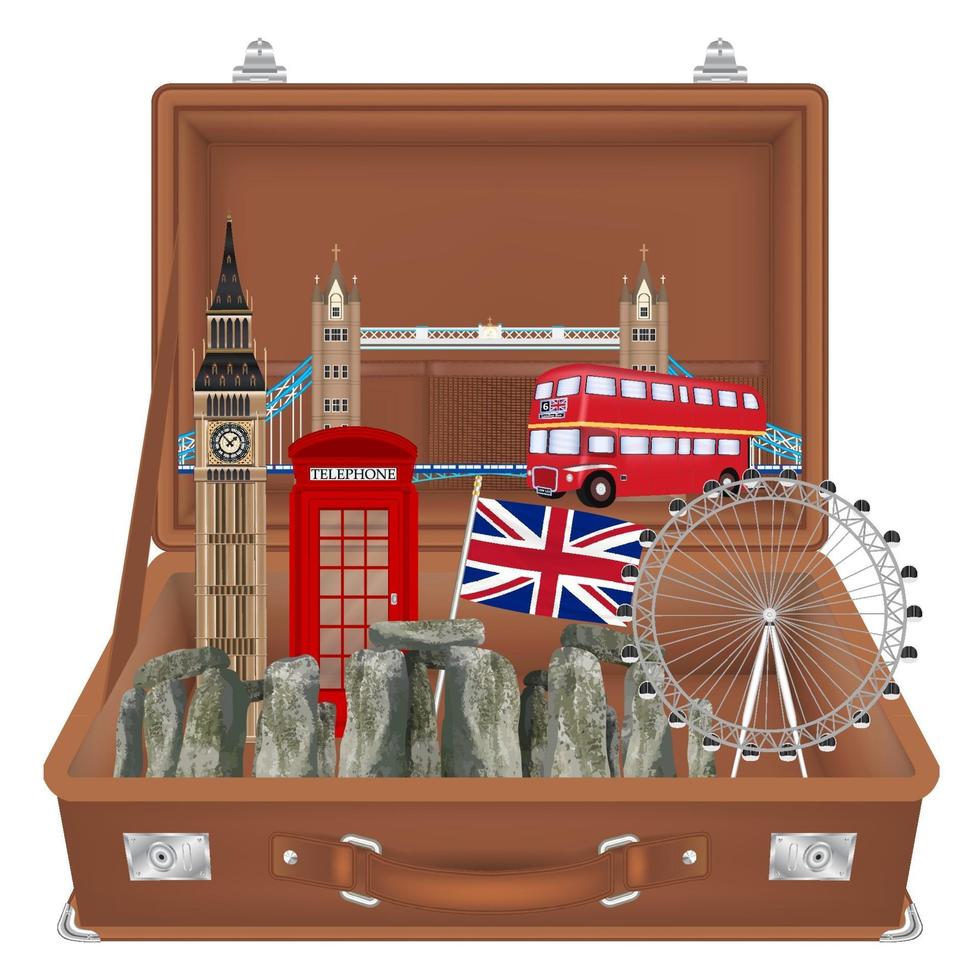 Bolsa de viaje abierta con puntos de referencia de Inglaterra en el interior. vector