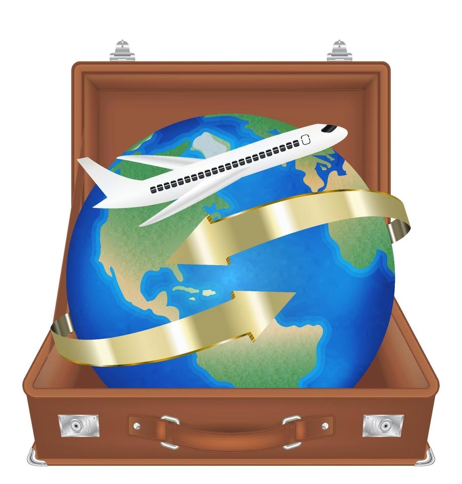 suitcase open with airplane fly around the world vector