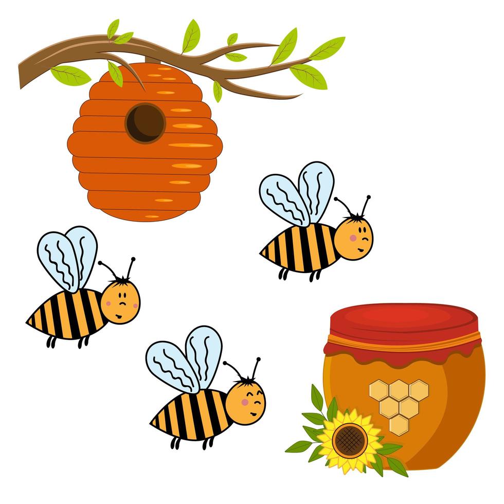 Set on the theme of bees, beehive and honey in a jar vector