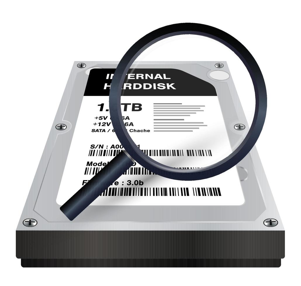 internal hard disk with a magnifying glass scanning vector