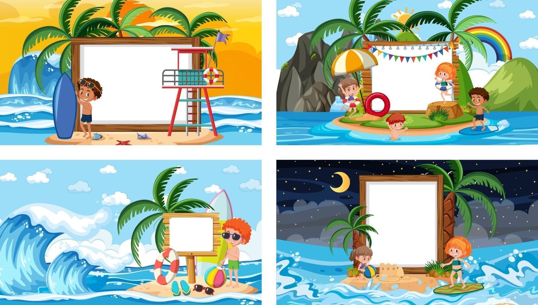 Set of different tropical beach scenes with blank banner vector