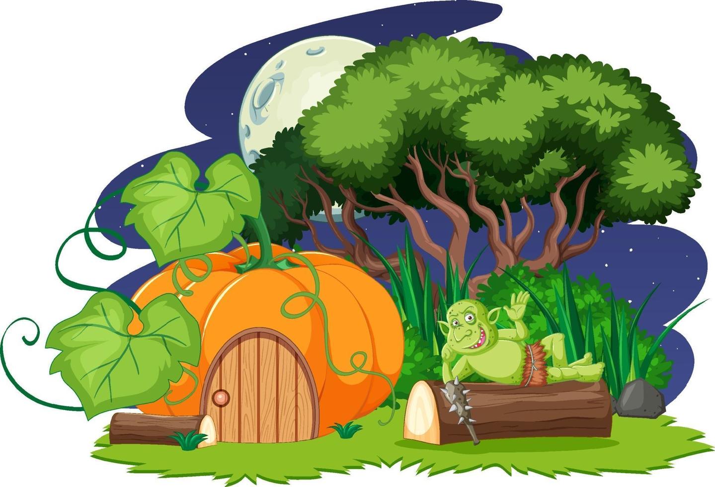 Night scene with goblin or troll cartoon character and pumpkin house vector