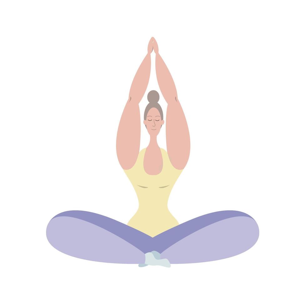 una mujer medita. una niña medita en la posición de loto. clases de yoga a domicilio. mantener la salud psicológica. equilibrio psicológico. la positividad del cuerpo. vector