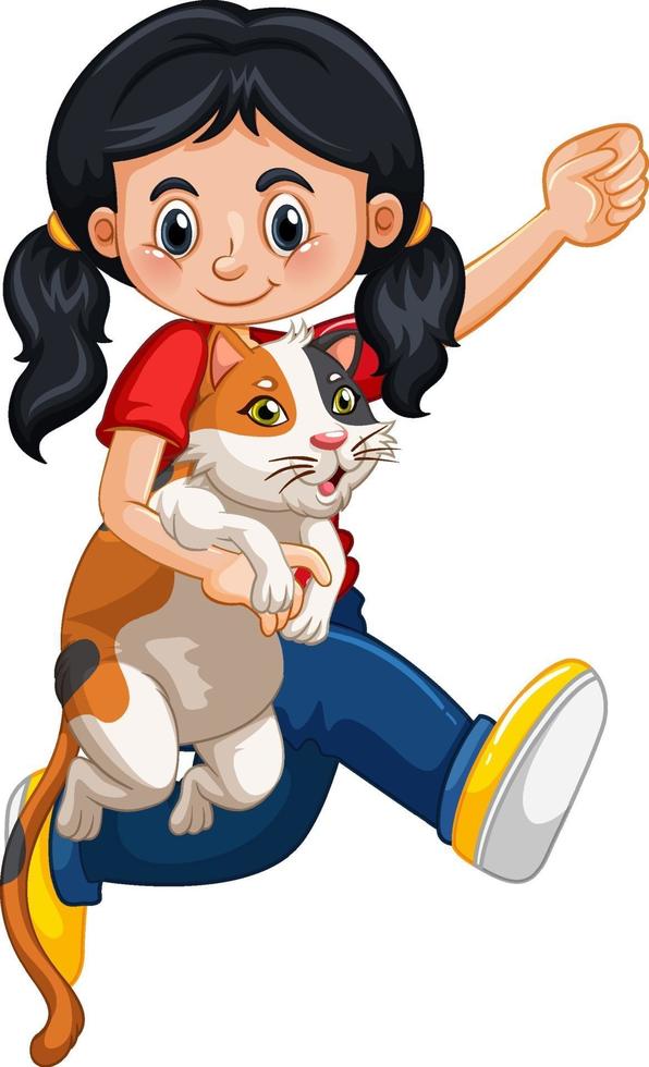 personaje de dibujos animados de niña feliz abrazando a un lindo gato vector