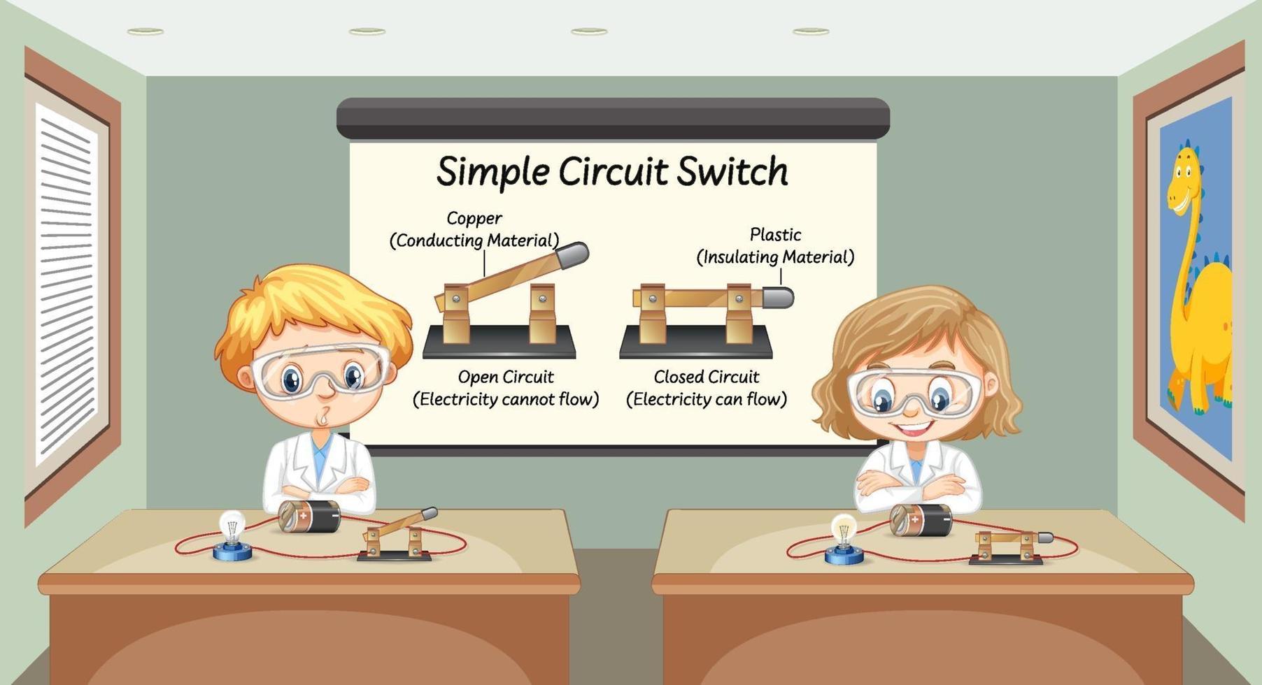 Scientist explaining simple circuit switch vector