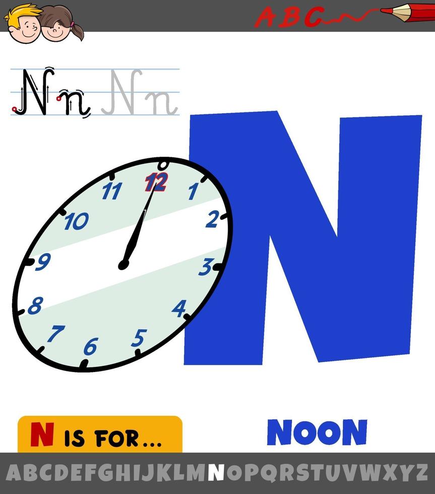 letter N from alphabet with noon on the clock vector