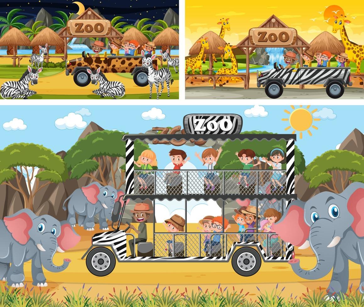 Diferentes escenas de safari con animales y personajes de dibujos animados para niños. vector