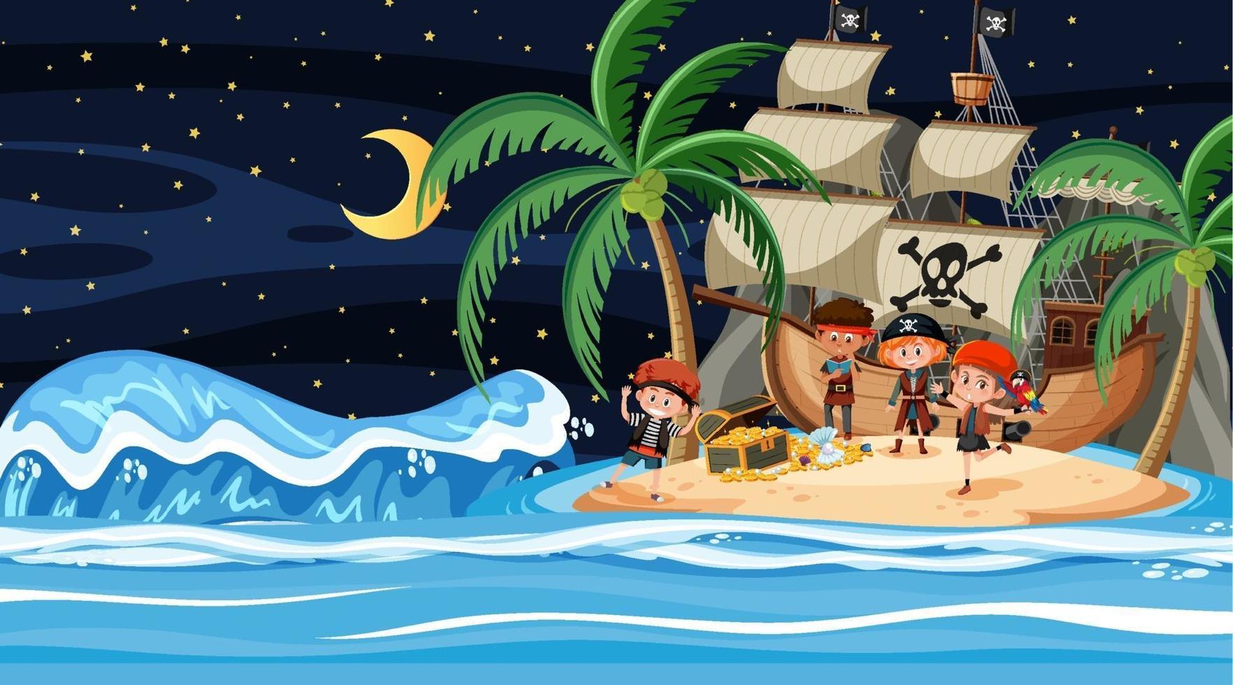 escena de la isla del tesoro en la noche con niños piratas vector