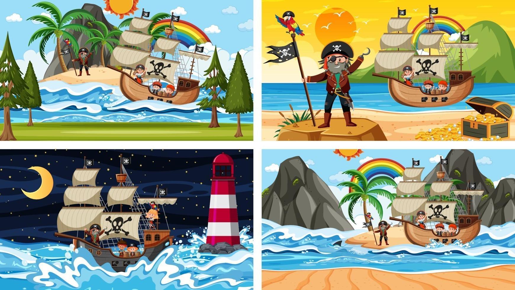 Set of different beach scenes with pirate ship and pirate cartoon character vector