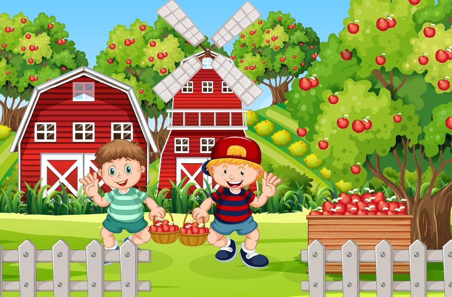 escena de la granja con niño granjero cosecha manzanas vector