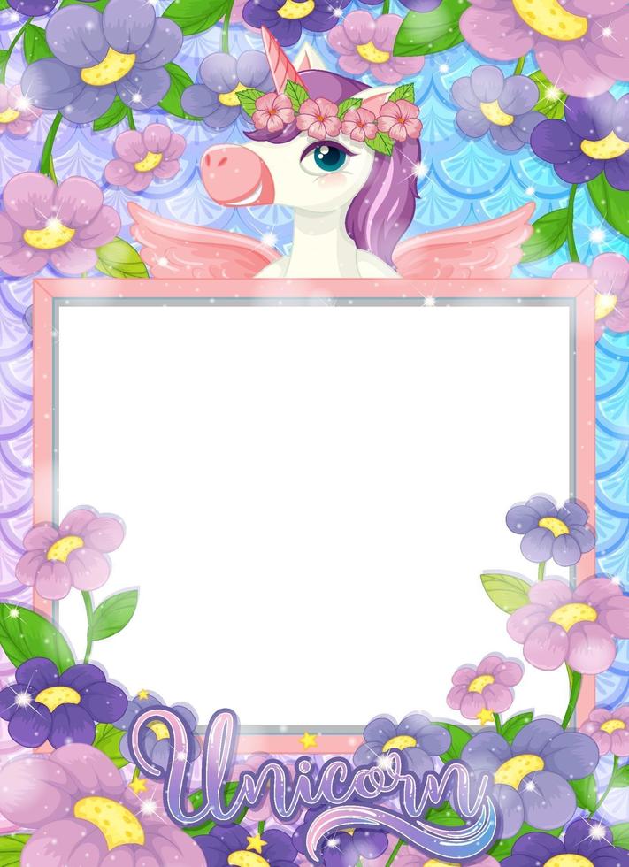 pancarta en blanco con un hermoso personaje de dibujos animados de unicornio vector