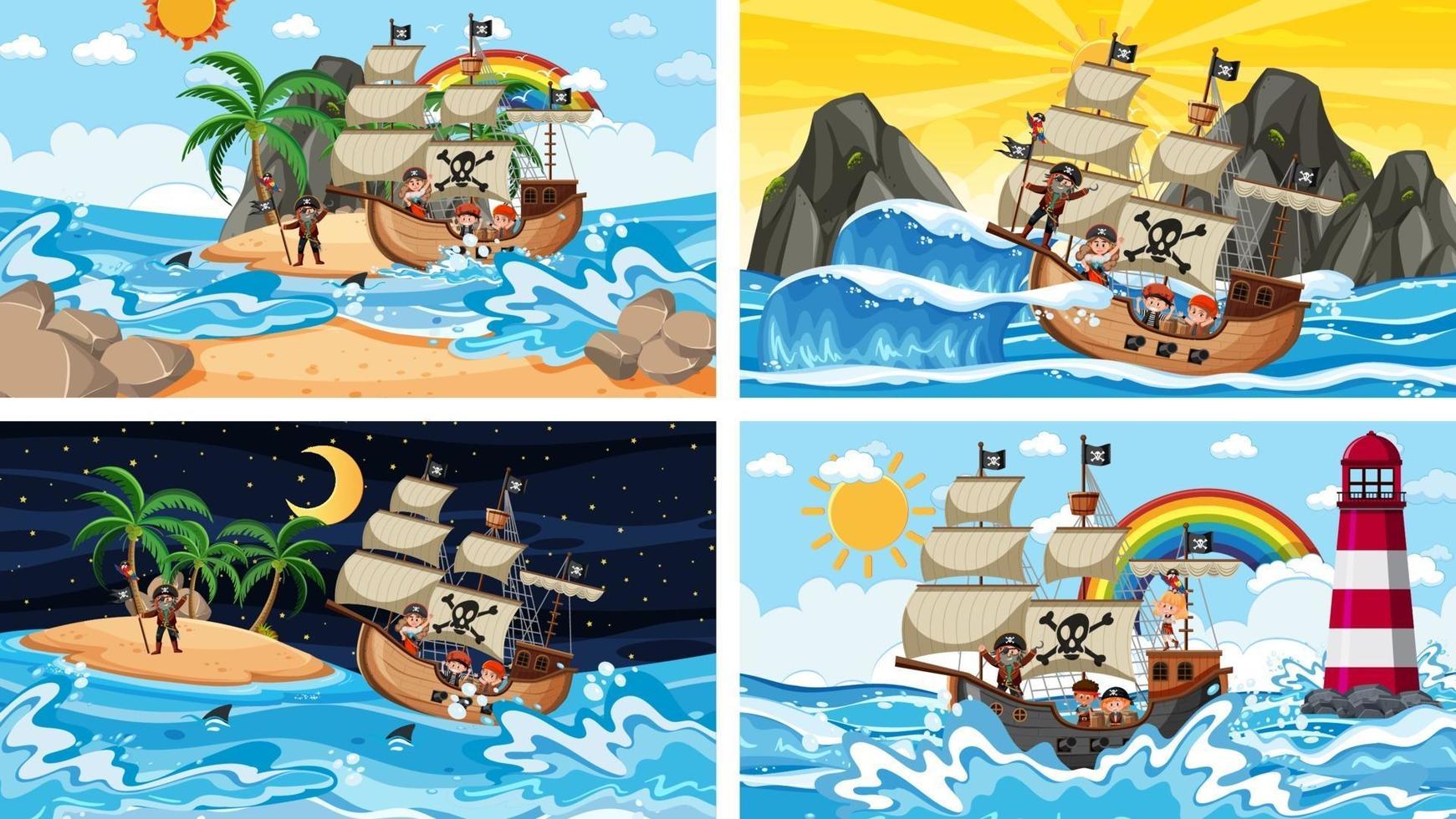 Set of different beach scenes with pirate ship and pirate cartoon character vector