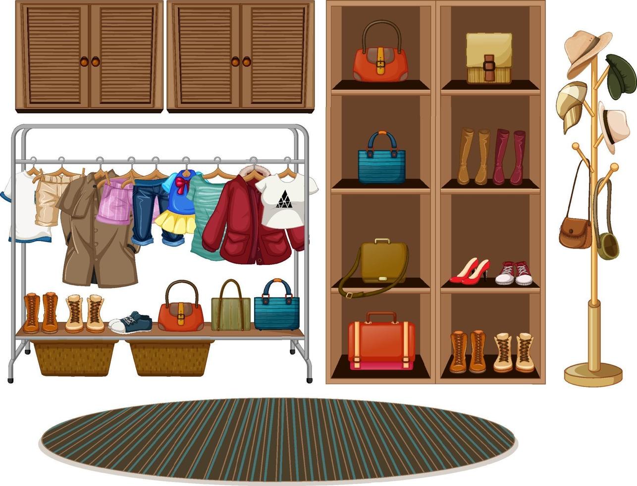 Clothes hanging on a clothesline with accessories on shelves on white background vector