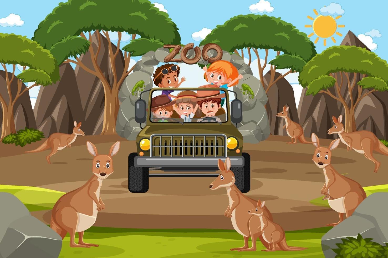 Safari scene with kids on tourist car watching kangaroo group vector