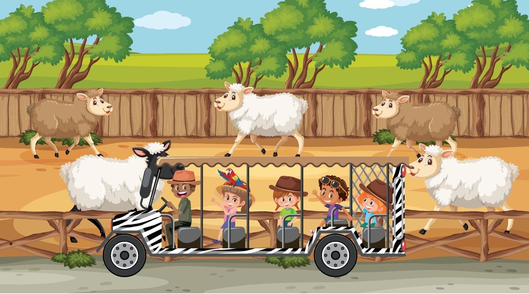 Safari scenes with many sheeps and kids cartoon character vector