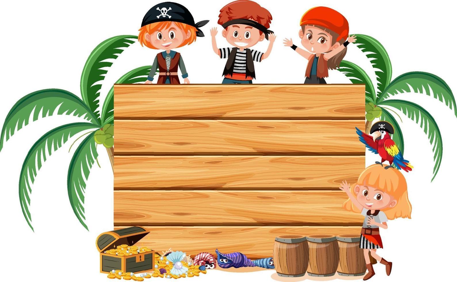 Muchos niños piratas con una pancarta vacía aislado sobre fondo blanco. vector