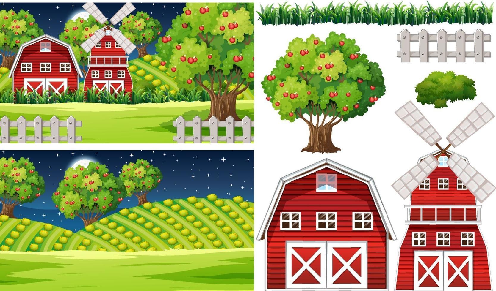 Farm element set isolated with farm scence vector