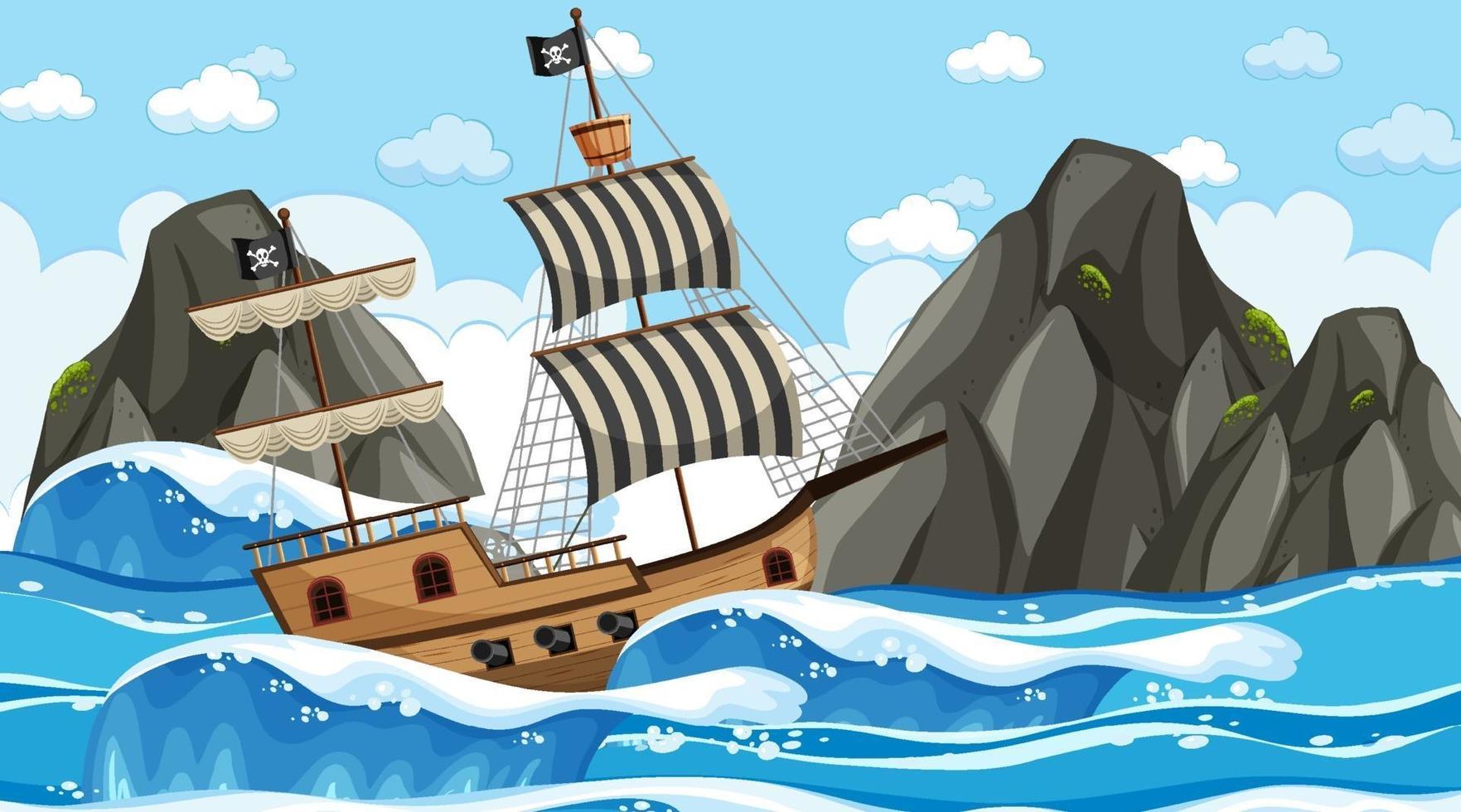 Ocean with Pirate ship at day time scene in cartoon style vector