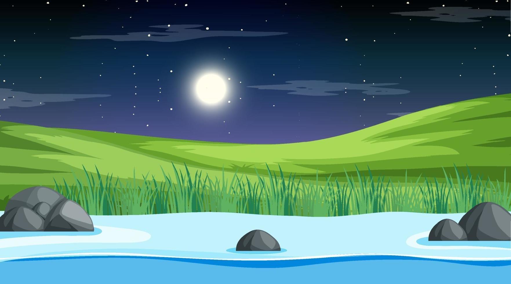Nature forest landscape at night scene with long river flowing through the meadow vector