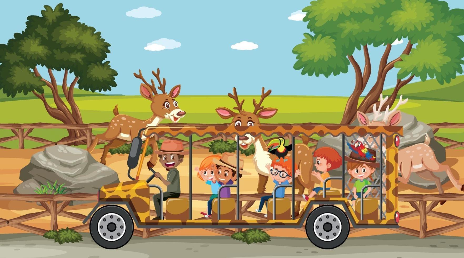 Escena de safari con niños viendo grupo de ciervos. vector