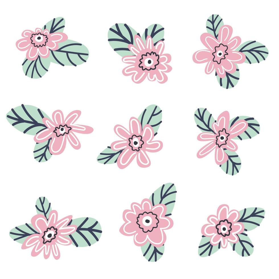 set of pink flowers. vector illustration in doodle style