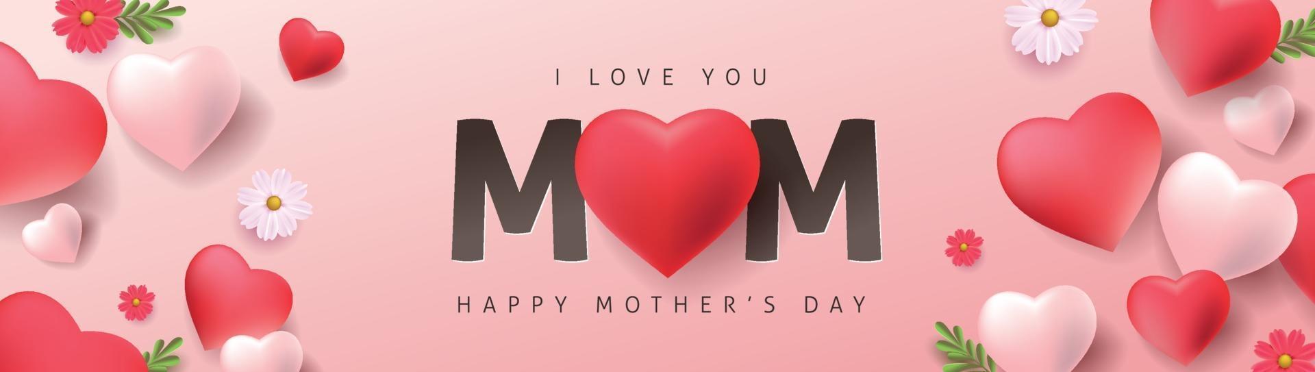 Mothers day banner background layout with Heart Shaped Balloons and flower.Greetings and presents for Mothers day in flat lay styling..Vector illustration template. vector