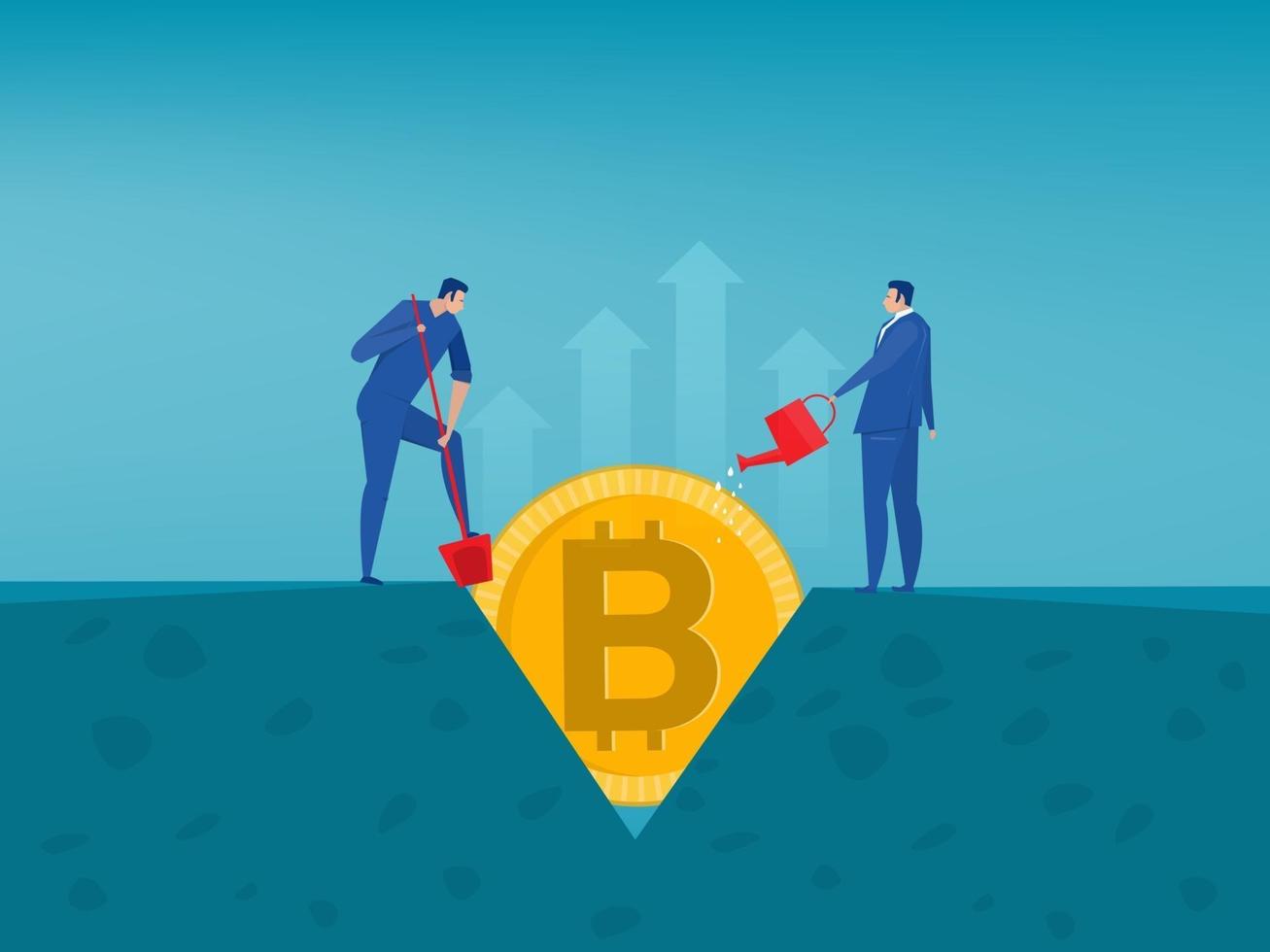 Man watering Bitcoin and making it grow. Crypto-currency, bitcoin concept Vector illustration in flat style.