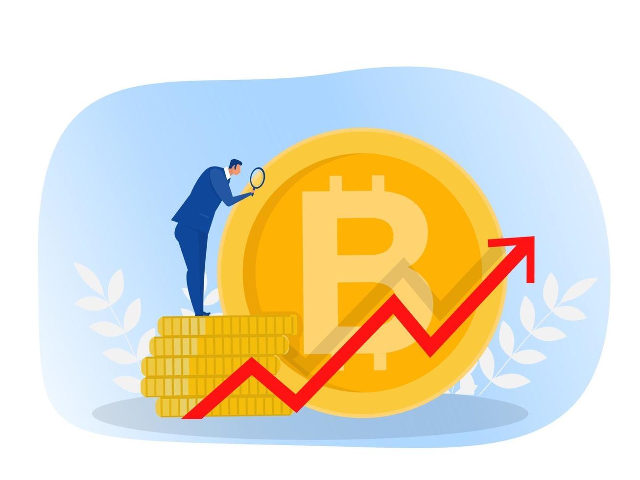 Businessman with Magnifying glass enjoys the increase in Bitcoin prices. Financial concept. Vector illustration.