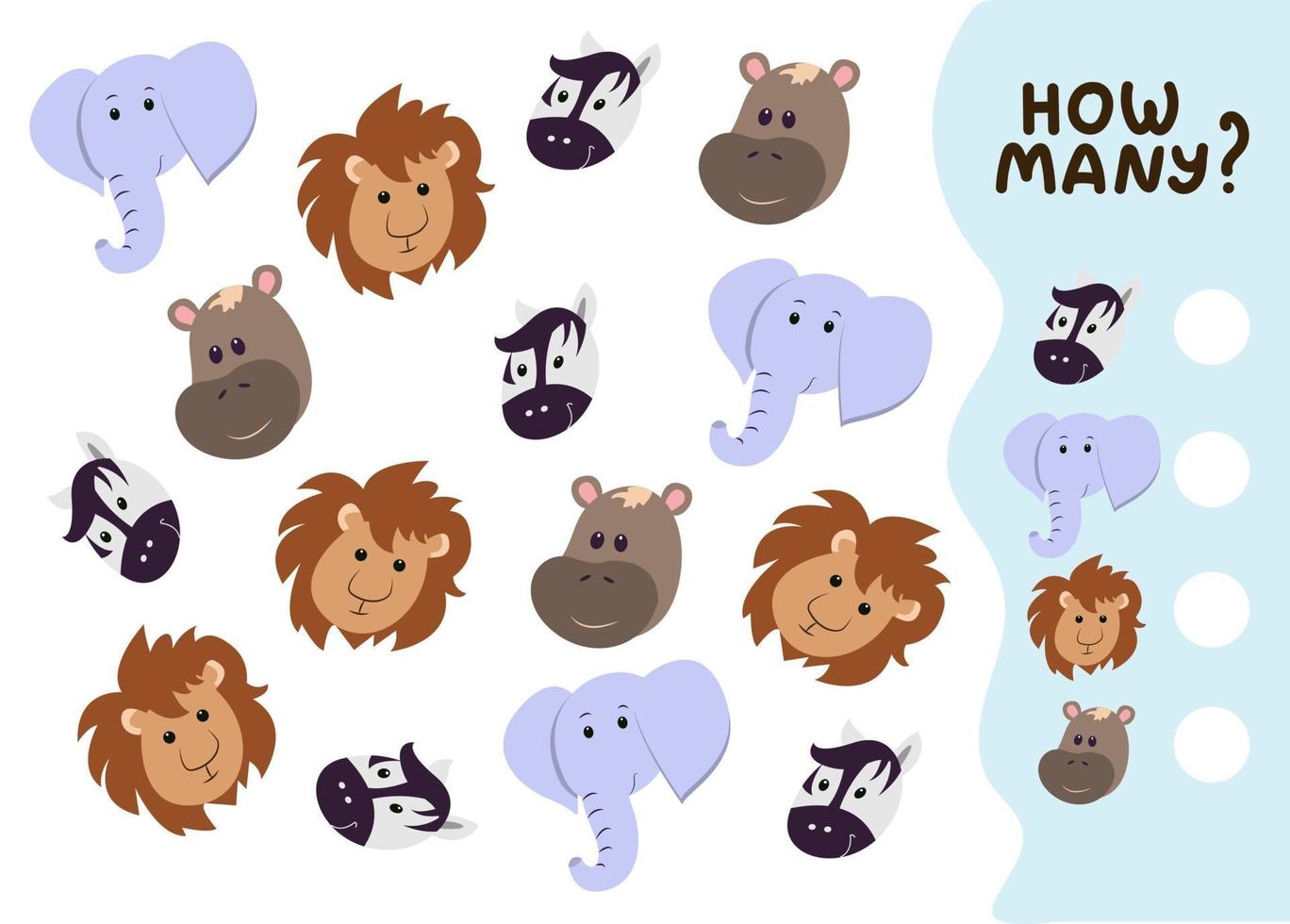 Counting game for preschool kids. Educational math game. Count how many wild animals there are and write down the result. Vector illustration in cartoon style