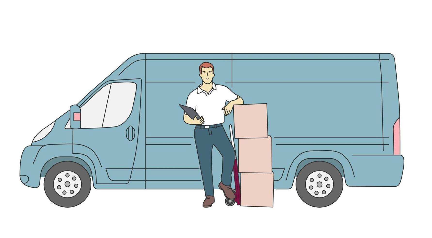 Delivery, courier service concept. Delivery courier man holding package with delivery truck. vector