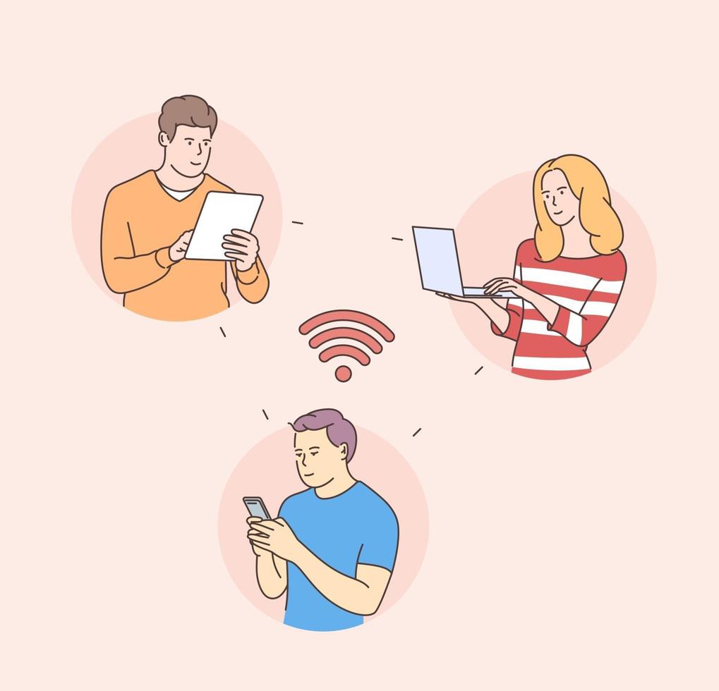 Young people faces online social media communications concept. Man woman with tablet phone laptop. Content and humans connected via chat share like e-mail. vector