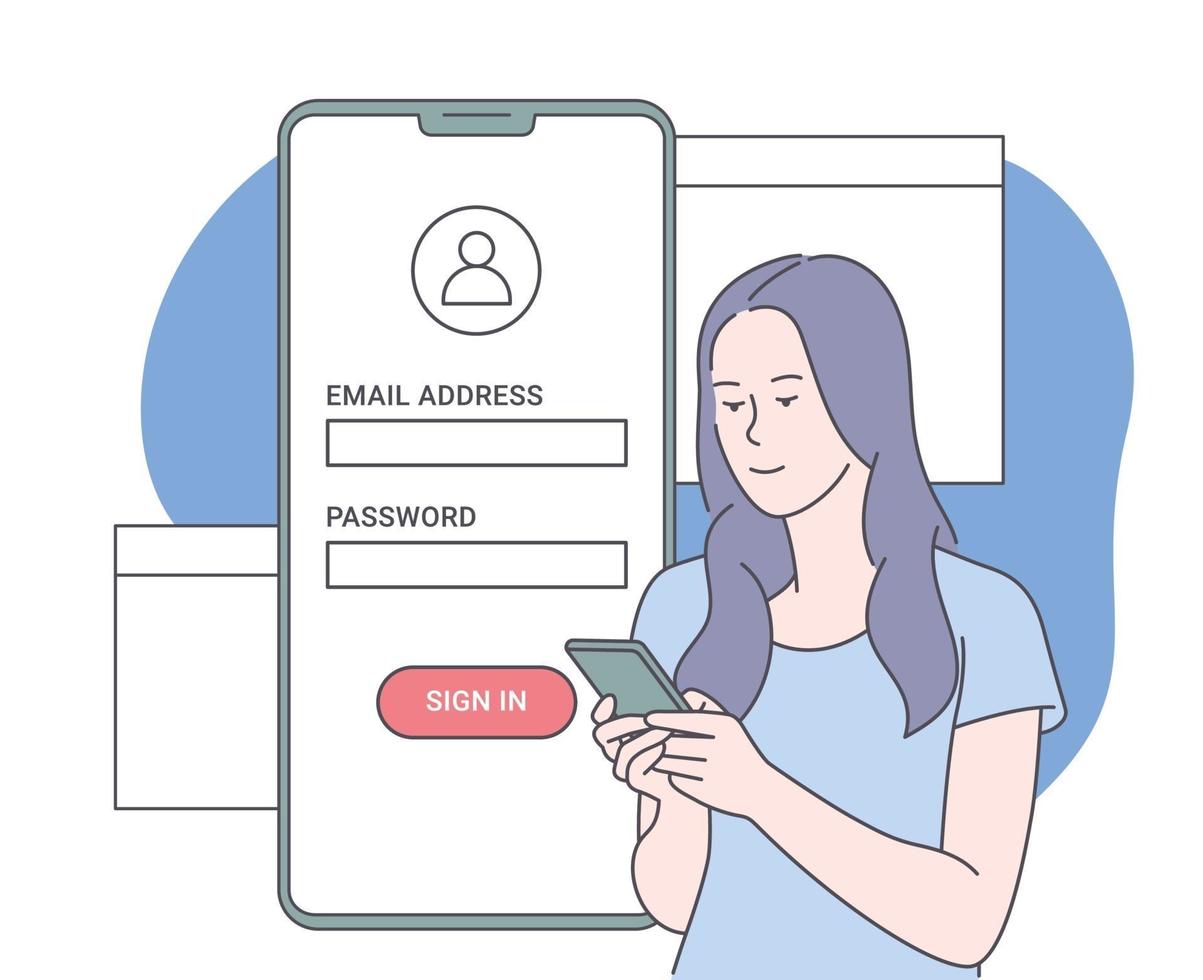 Online registration and sign up concept. Young woman signing up or login to online account on smartphone app. User interface. Secure login and password. vector