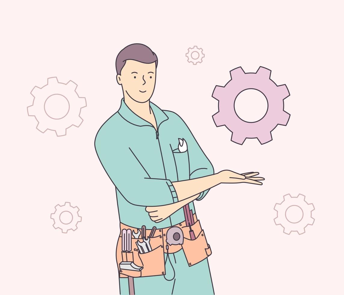 Repair, construction, building and maintenance concept. Siling male builder or manual worker hold gear wheel. Flat vector illustration