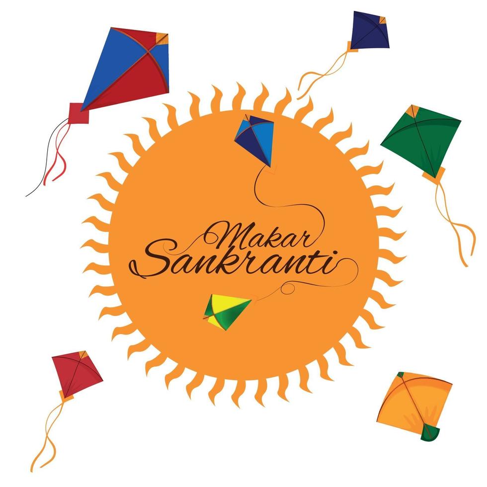 Makar sankranti indian festival with creative drum and beautiful kites vector