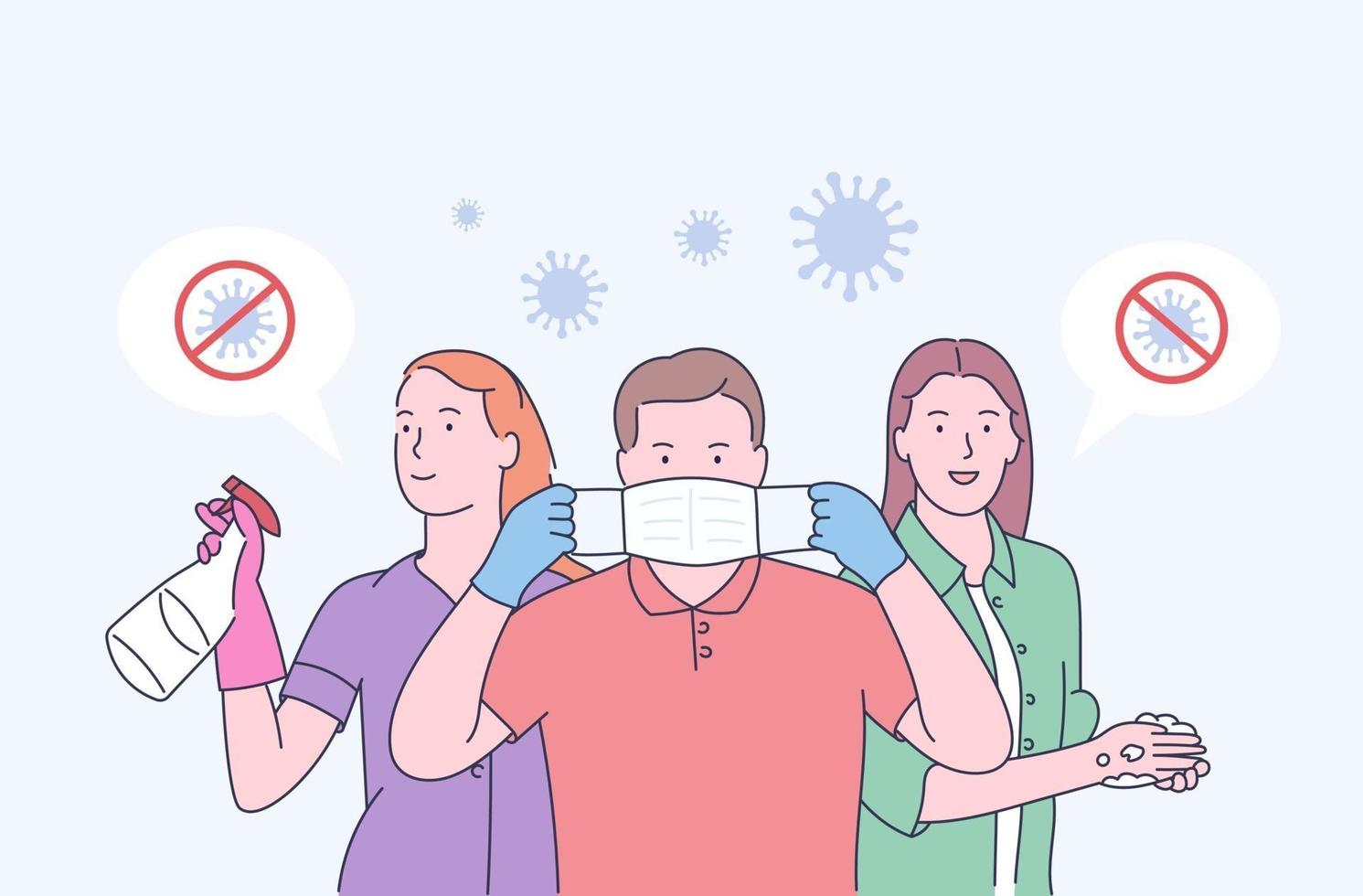 A medical mask protects against the spread of coronavirus COVID-19. Stop Coronavirus COVID-19 concept. Concept of coronavirus quarantine vector illustration. Family in medical face mask.
