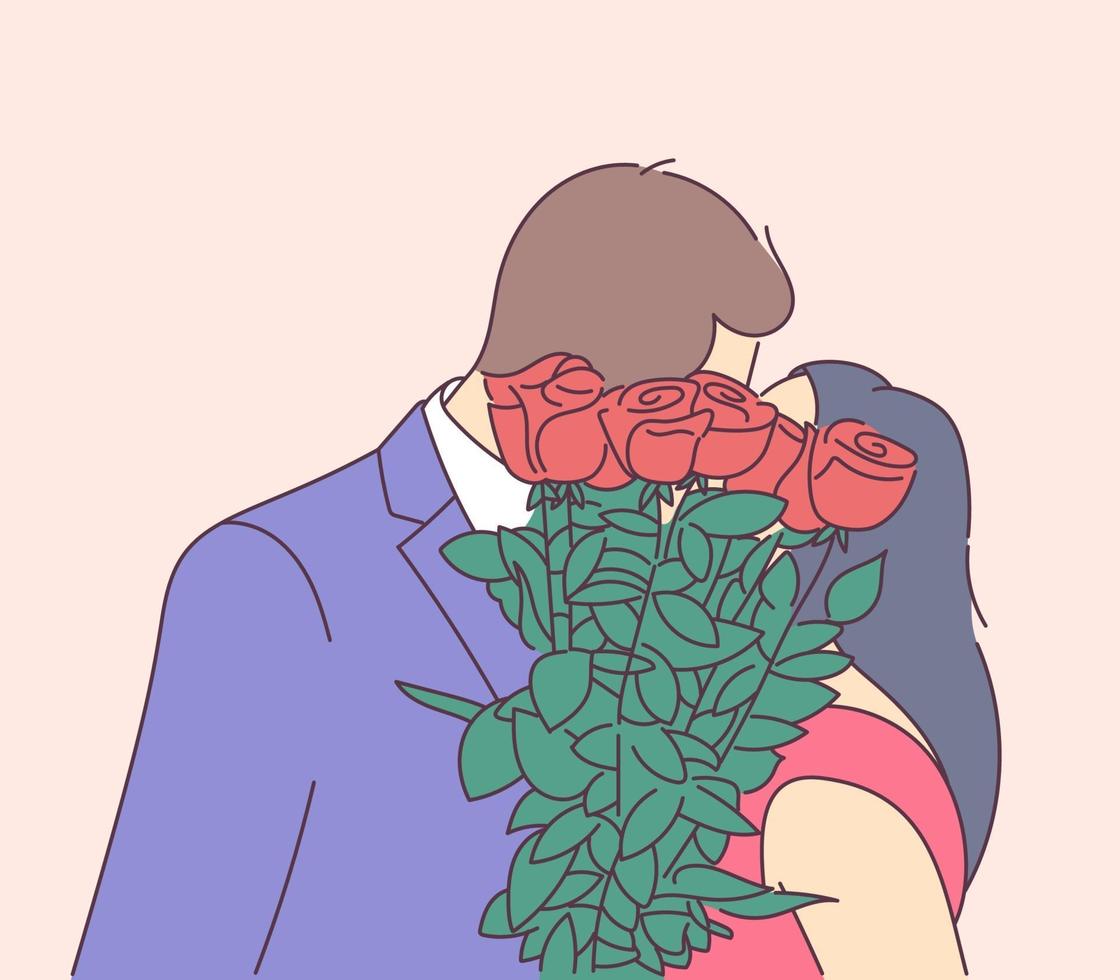 Love, dating, romance, relationship, togetherness, couple concept. The couple kisses and covers their faces with a bouquet. vector