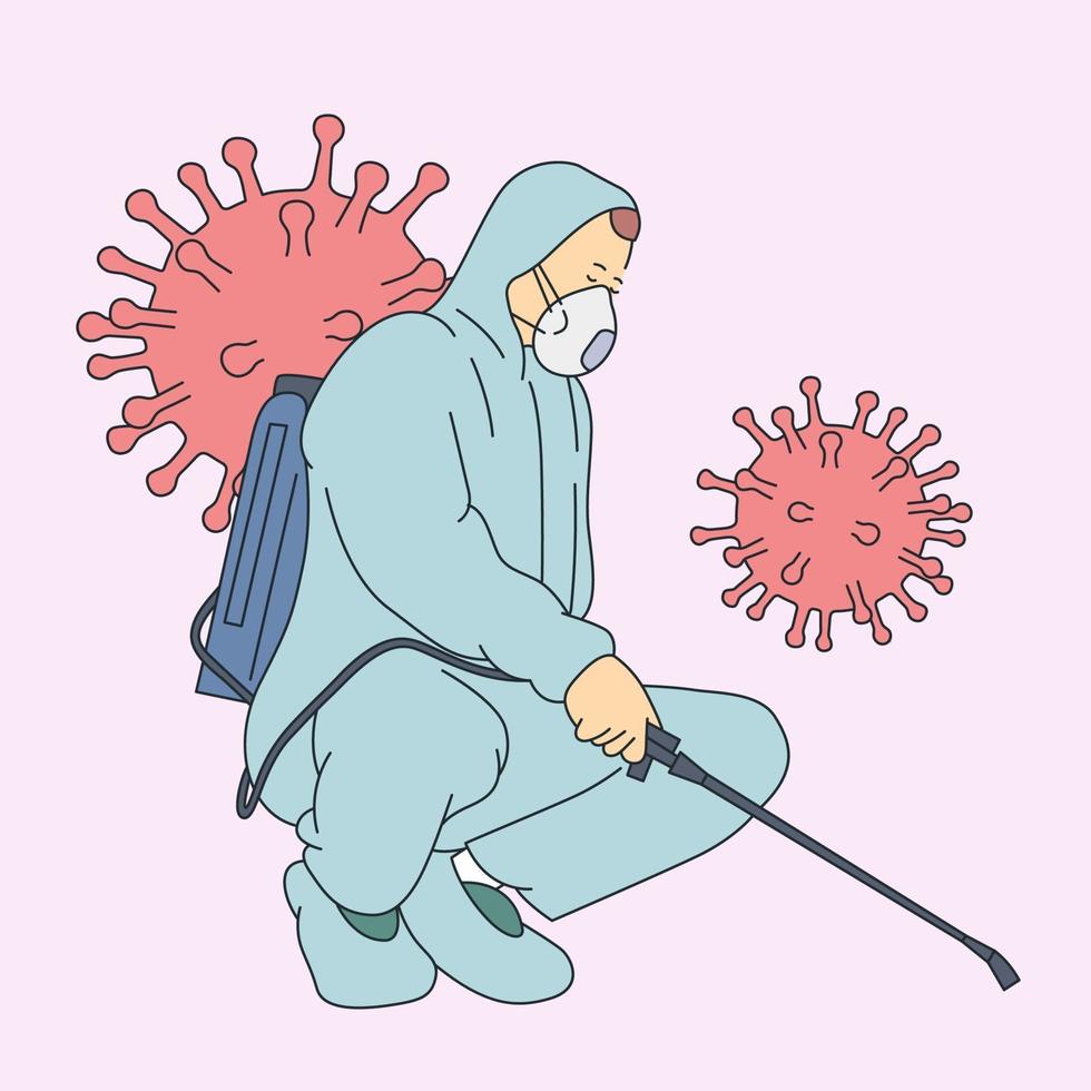 coronavirus, lucha, infección, concepto de protección. Hombre con traje de protección contra virus y máscara desinfectando edificios de coronavirus con el rociador. vector